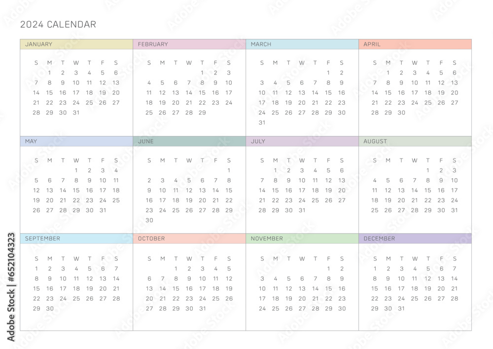 A simple and minimalist style annual template with a 2024 year 12 month calendar. Note, scheduler, diary, calendar, planner design template illustration. A simple and minimalist style annual template with a 2024 year 12 month calendar. Note, scheduler, diary, calendar, planner design template illustration.