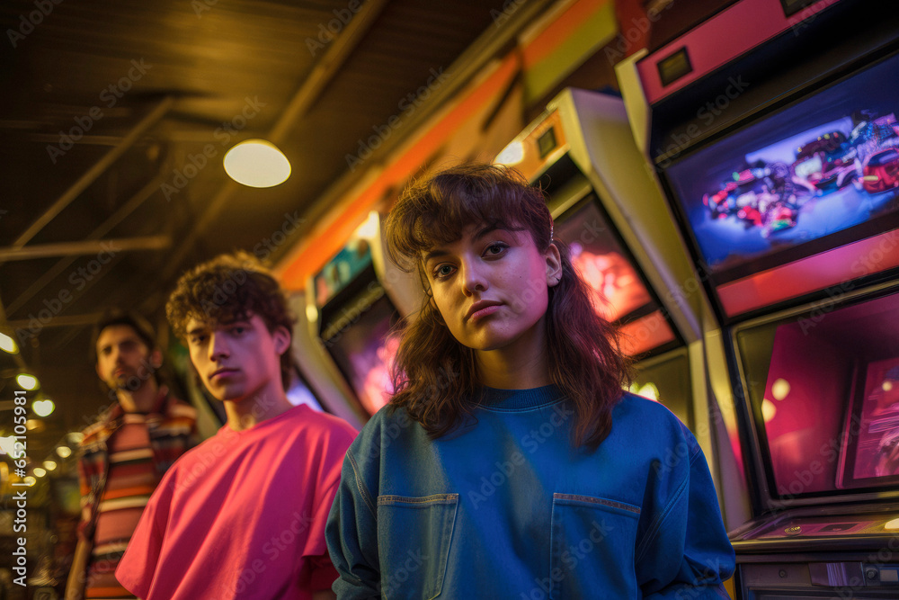 Capturing Youthful Joy: 1980s Teenagers Strike a Pose at a Classic Game Arcade for an Iconic Group Portrait
