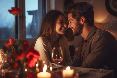 Happy young couple celebrating anniversary