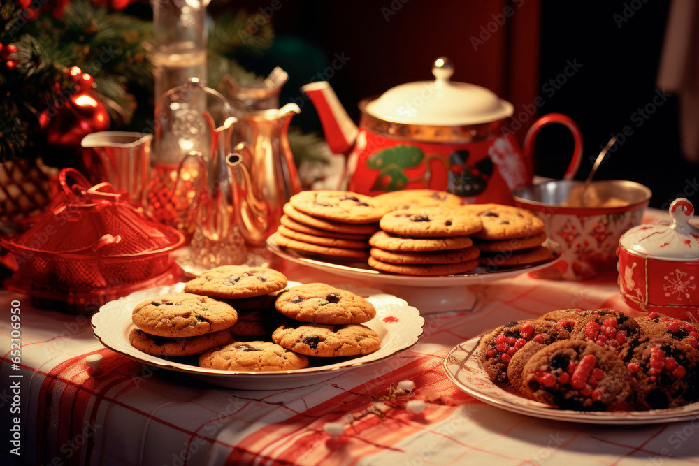 Nostalgic Christmas Delights. Delicious 1980s Christmas Cookies in a Retro Setting. Sweet Holiday Nostalgia AI Generative.

