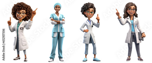 Group of doctors, 3D cartoon character smiling doctor young women standing posing, full body isolated on white and transparent background, ai generate