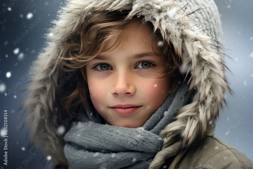 Close-Up Portrait of a Happy Fictional Young Child Wearing Winter Clothes and Smiling. Generative AI. Close-Up Portrait of a Happy Fictional Young Child Wearing Winter Clothes and Smiling. Generative AI.