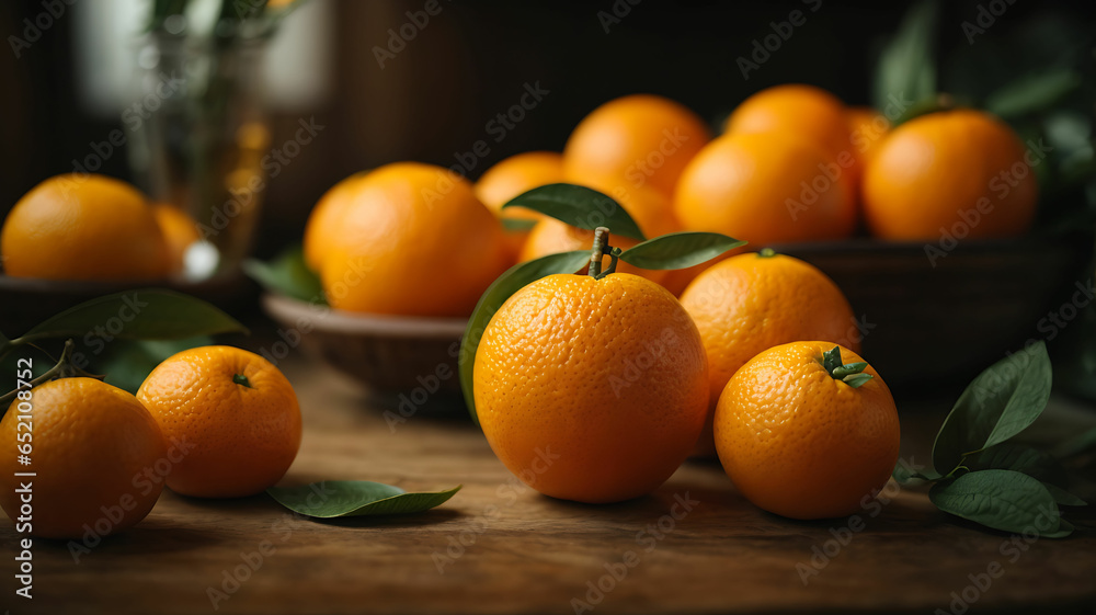 Fresh ripe oranges on wooden table against blurred background. Space for text
