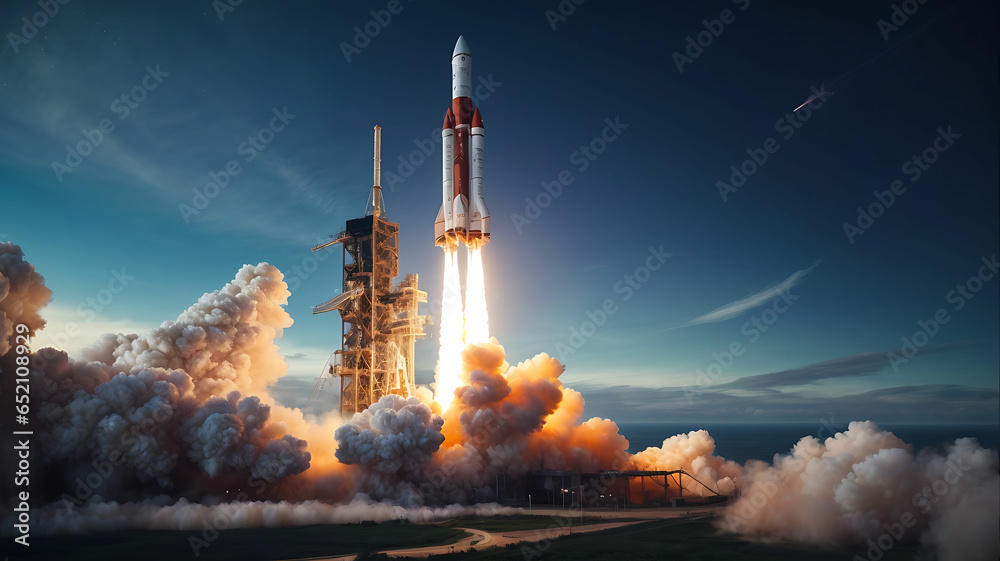 space rocket launch beautiful illustration - obrazy, fototapety, plakaty 