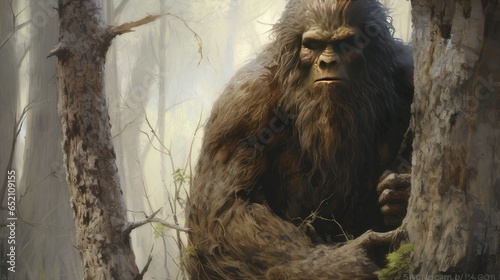 large sasquatch bigfoot character hiding in the woods. generative AI