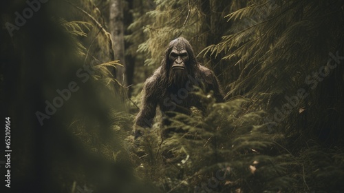 large sasquatch bigfoot character hiding in the woods. generative AI