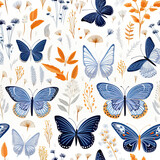 blue butterfly seamless pattern on dark blue and orange white background created with Generative AI Technology 