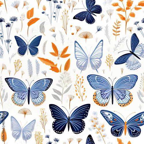 blue butterfly seamless pattern on dark blue and orange white background created with Generative AI Technology  © AstraNova