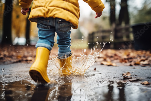 Fotografia small child, dressed in jeans and yellow rain boots, joyfully splashes in water puddles left behind after a rainstorm
