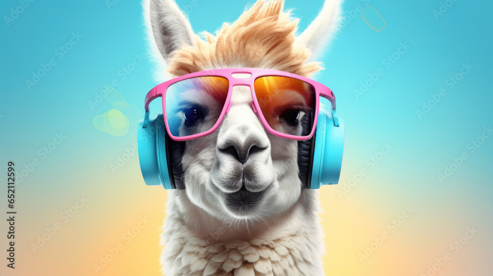 A snazzy llama in shades and headphones,  getting into the rhythm