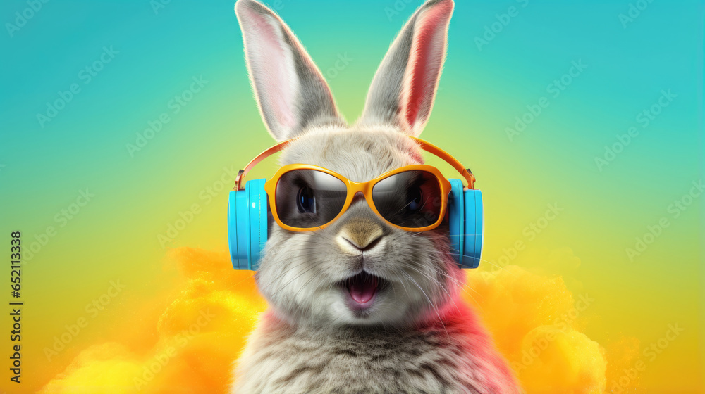 A trendy rabbit wearing sunglasses and grooving with headphones