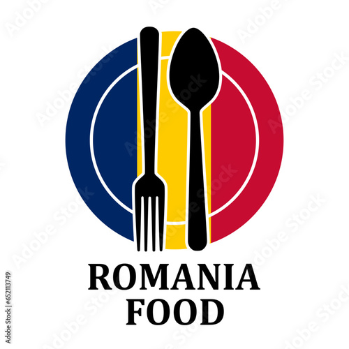 Romania Restaurant food logo. Flag symbol with plate spoon and fork Icon Template Illustration Design