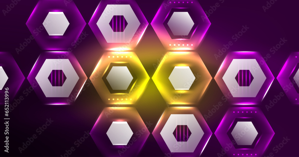 Neon hexagon background. Hi-tech design for wallpaper, banner, background, landing page, wall art, invitation, prints, posters Neon hexagon background. Hi-tech design for wallpaper, banner, background, landing page, wall art, invitation, prints, posters