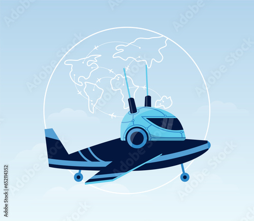 Robot aircraft flying in sky vector illustration. Artificial intelligence humanoid piloting and navigating airplane, flight routes on planet map. Aviation, technology, robotics and AI concept
