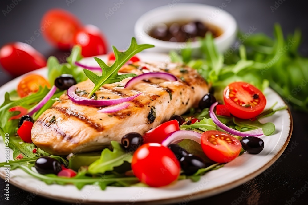 Grilled chicken breast with tomatoes, red pepper, organic green and kalamata olives. Grilled chicken breast with tomatoes, red pepper, organic green and kalamata olives.