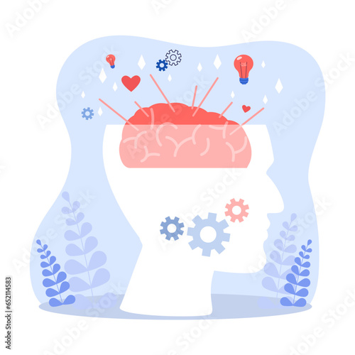 Side view of head with sparks around brain vector illustration. Drawing of brainpower, gears and lightbulbs, mental or cognitive processes. Creativity, intelligence, innovation, brainstorming concept