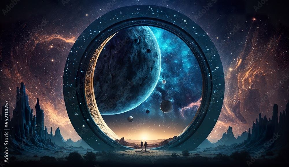 Portal to another world. Futuristic cosmic landscape with circle tunnel in starry sky. Portal to another world. Futuristic cosmic landscape with circle tunnel in starry sky.