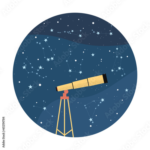 Modern telescope for stargazing vector illustration. Star charts and constellations on night sky, cosmos observation for relaxing and learning. Astronomy, science, imagination, meditation concept