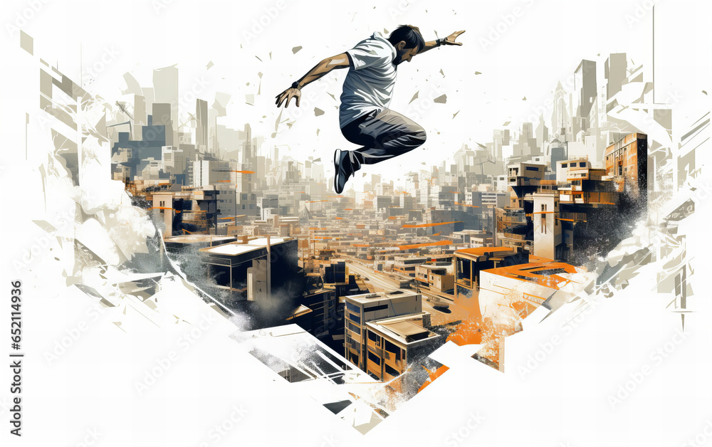 Parkour in the town white background - obrazy, fototapety, plakaty 