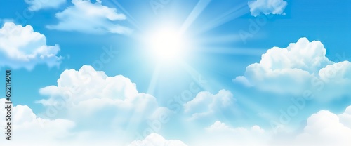 Sunny background, blue sky with white clouds and sun.