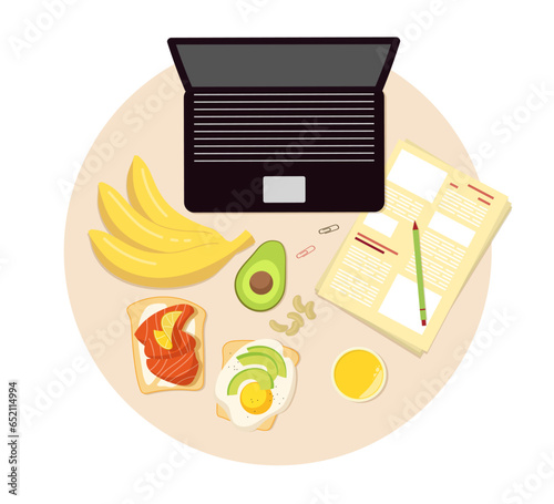 Healthy snack for eating during work vector illustration. Laptop and papers for working or studying, fruits, vegetables, sandwiches and nuts for lunch break. Nutrition during work, food concept