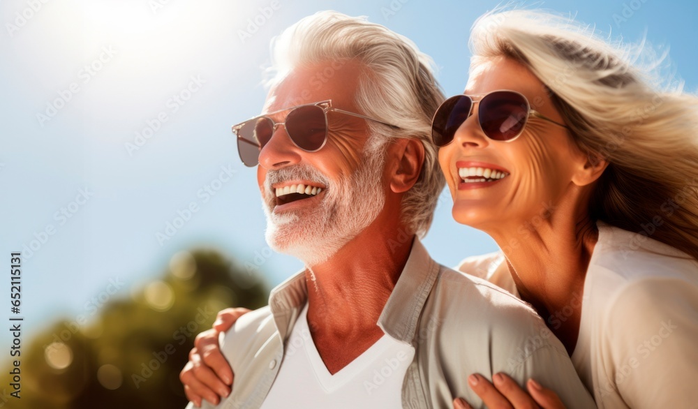 Senior couple smiling and in love enjoying a beautiful and radiant day - Generative AI