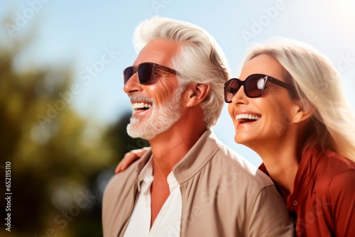 Retired Senior couple finding joy in a peaceful park setting - Generative AI