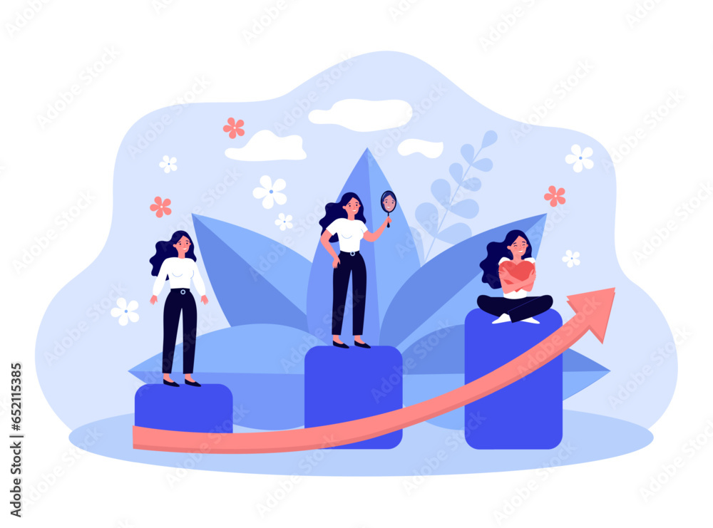 Self-love journey of happy woman as steps vector illustration. Cartoon drawing of steps to self-improvement or growth, girl hugging herself. Self-love or self-acceptance, confidence concept Self-love journey of happy woman as steps vector illustration. Cartoon drawing of steps to self-improvement or growth, girl hugging herself. Self-love or self-acceptance, confidence concept