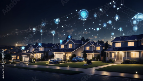 Digital community, smart homes and digital community. DX, Iot, digital network in society concept. suburban houses at night with data transactions. Generative AI