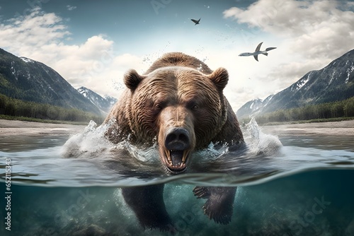 aerial shot from above wide angle shot full body image large brown bear3 catching fish in a river2 mountain2 in the background ultra 4k national geographic high quality photo photorealistic natural  photo