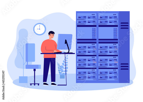 IT worker at data center with row of servers vector illustration. Cartoon drawing of digital data management, storage of files and information. Database, technology, network concept