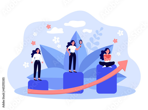 Self-love journey of happy woman as steps vector illustration. Cartoon drawing of steps to self-improvement or growth, girl hugging herself. Self-love or self-acceptance, confidence concept
