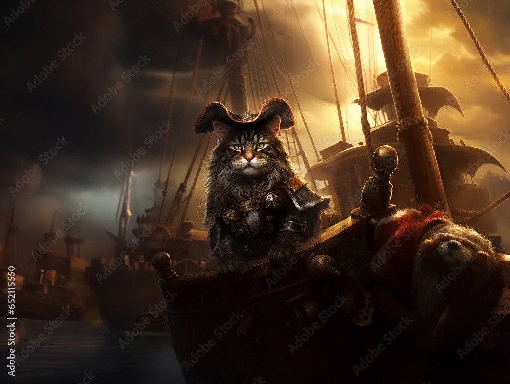Fototapeta premium captain cat standing like human in the pirate ship on the sea