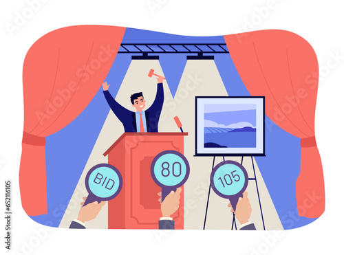 Art dealer selling painting at auction vector illustration. Cartoon drawing of hand of bidders holding bidding cards, framed artwork, man with gavel. Auction, art, luxury, decoration concept