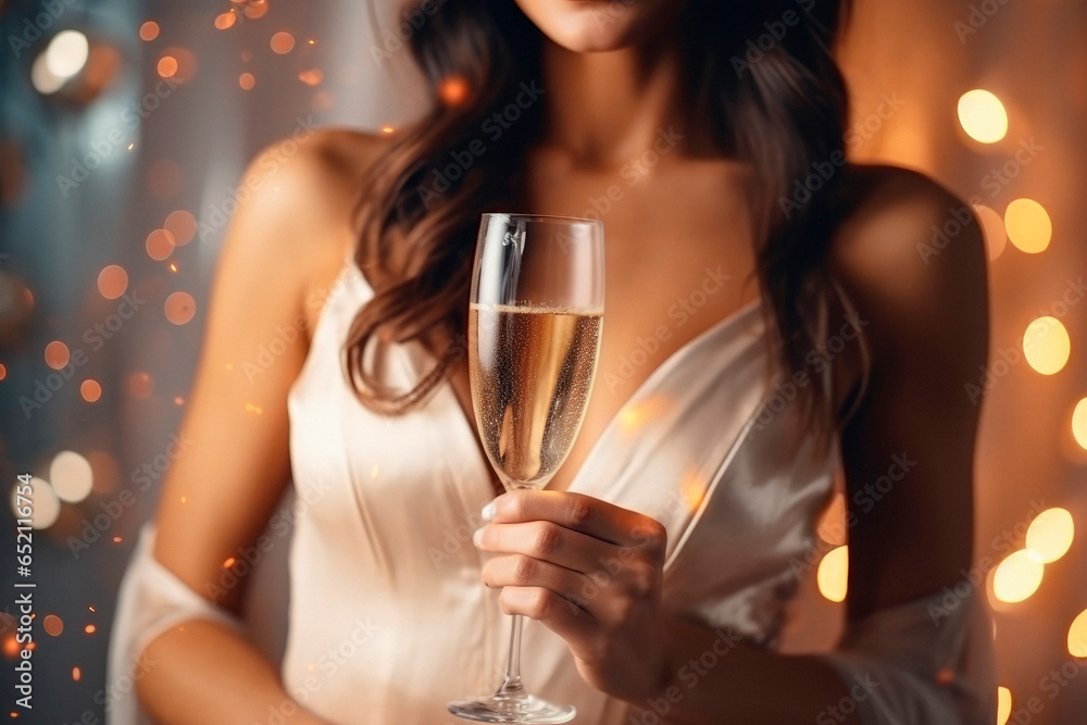 New Year's Elegance. A Beautiful and Fit Latina in a Gala Gown Holds Champagne with Crossed Legs, Exuding Elegance and Seduction. New Year's Allure New Year's Elegance. A Beautiful and Fit Latina in a Gala Gown Holds Champagne with Crossed Legs, Exuding Elegance and Seduction. New Year's Allure