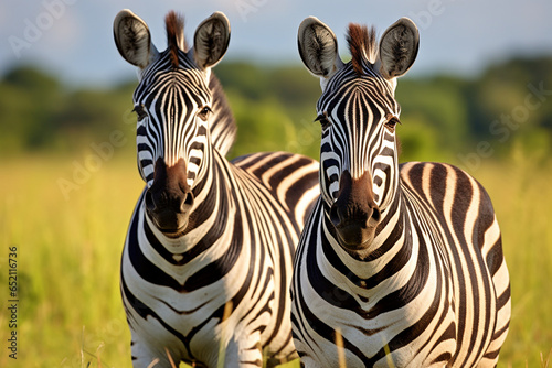two cute zebra animals on the grassland