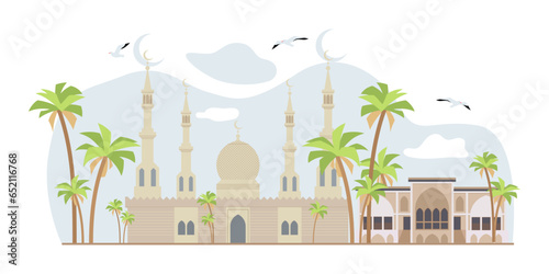 Mosque as place of worship for Muslims vector illustration. Cartoon drawing of traditional building with crescents, palm trees. Religion, spirituality, architecture, Islam, Ramadan concept
