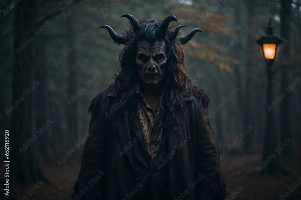 Dark halloween horror character with devilish monster costume in dark spooky forest