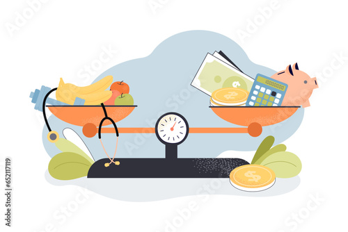 Balance between health care and work vector illustration. Scales with fresh fruits, food, dumbbell, stethoscope and money, piggy bank, calculator. Wellness, finance, healthy lifestyle concept