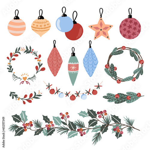 Vector set of Christmas toys. Fires, spruce trees, pine trees, New Year's candles, balls, garlands, wreaths, bells. Ideal for banners, cards,