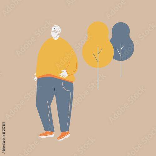 An illustration of an elderly man taking a walk in the park.