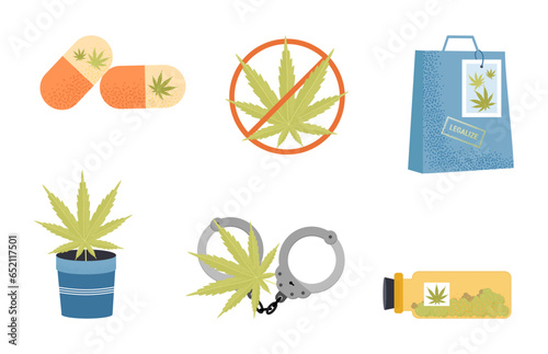 Cannabis advocacy and awareness icons vector illustrations set. Protest circle sign, pills and medicine, shopping bag and bottle, handcuffs, cannabis growing in pot. Marijuana legalization concept