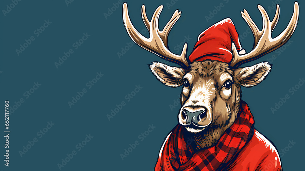 Hand drawn cartoon illustration of an elk wearing a Santa hat
 - obrazy, fototapety, plakaty 