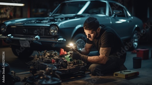 Mechanic repairs car, AI generated Image