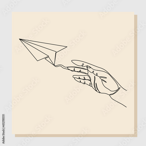 Continuous single one line drawing of hand hold and throw paper airplane. vector illustration business concept