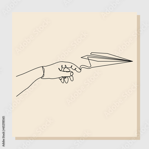 Continuous single one line drawing of hand hold and throw paper airplane. vector illustration business concept