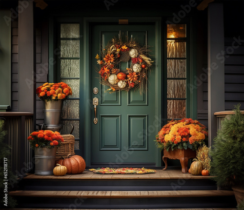 beautifully crafted fall wreath adorning a rich green front door, complemented by artful autumn flower pot arrangements gracing the steps