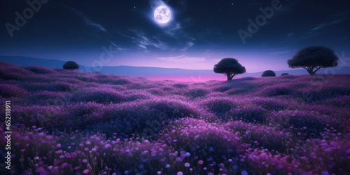 A huge field of fragrant pink flowers on a moonlit night. AI generation 