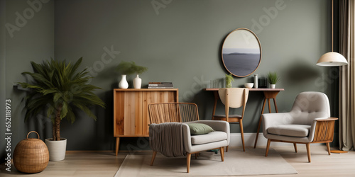 Luxury living room in house with modern interior design, green velvet sofa, coffee table,