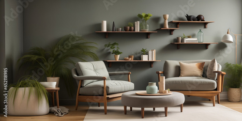 Luxury living room in house with modern interior design, green velvet sofa, coffee table, © birdmanphoto